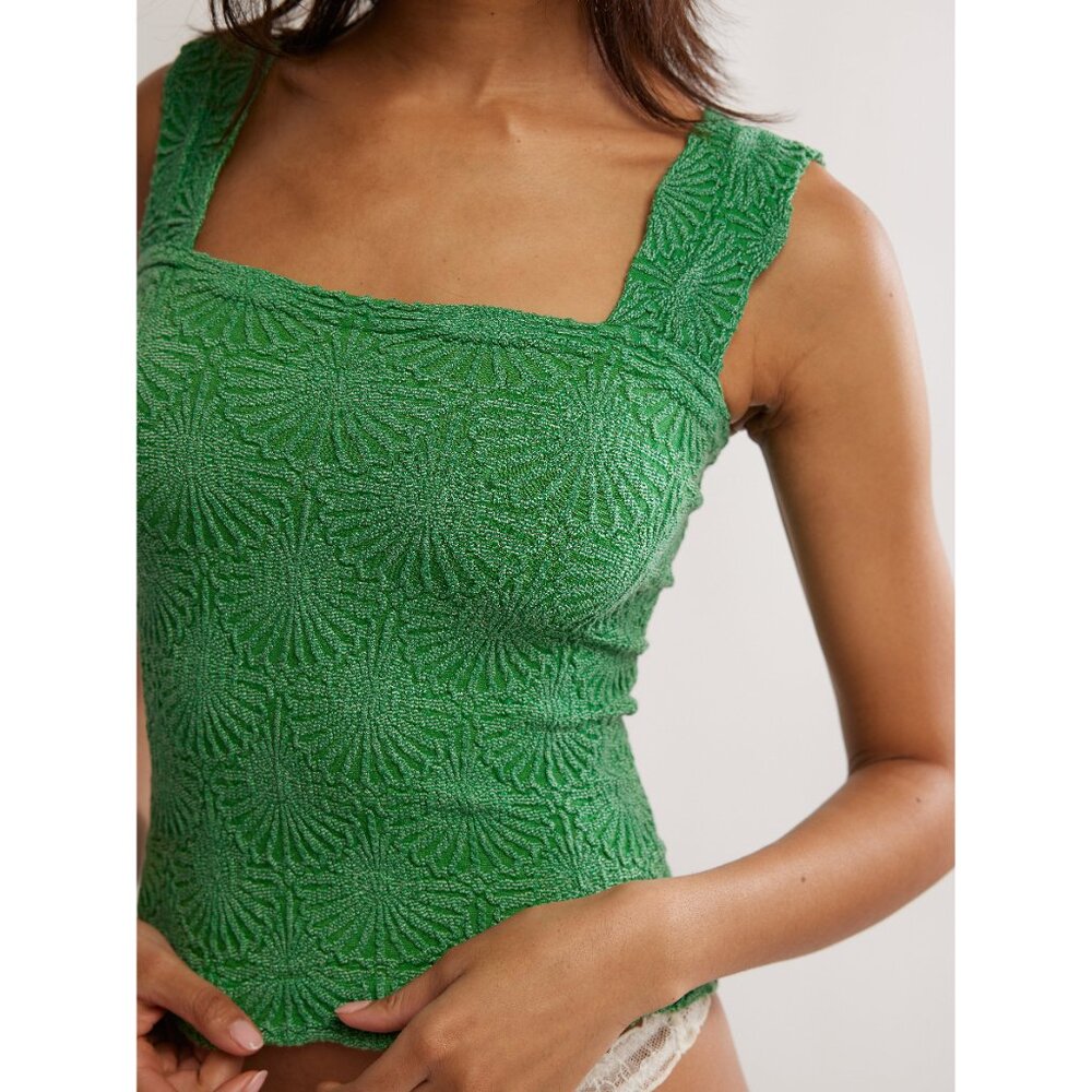 Free People Green Textured Square-Neck Tank